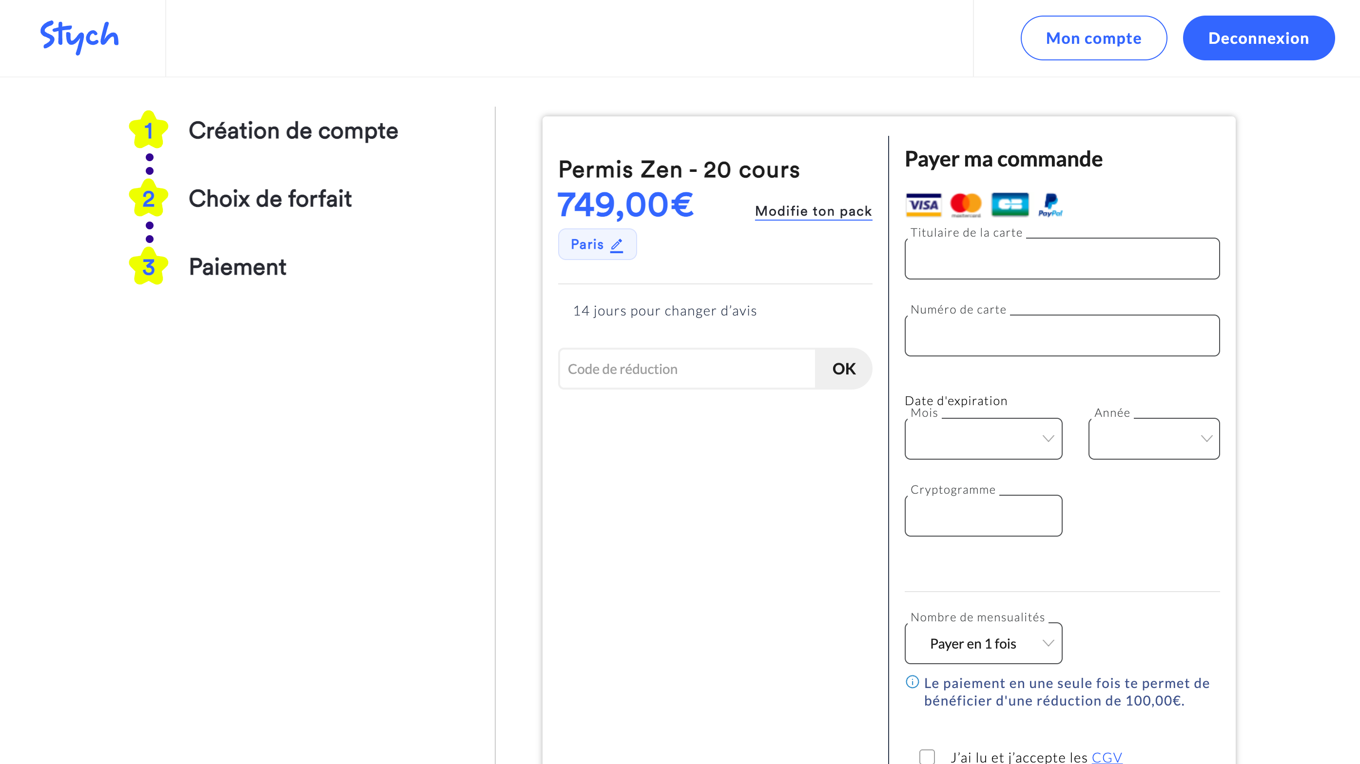 Prix standard du permis Stych avant application du code de réduction